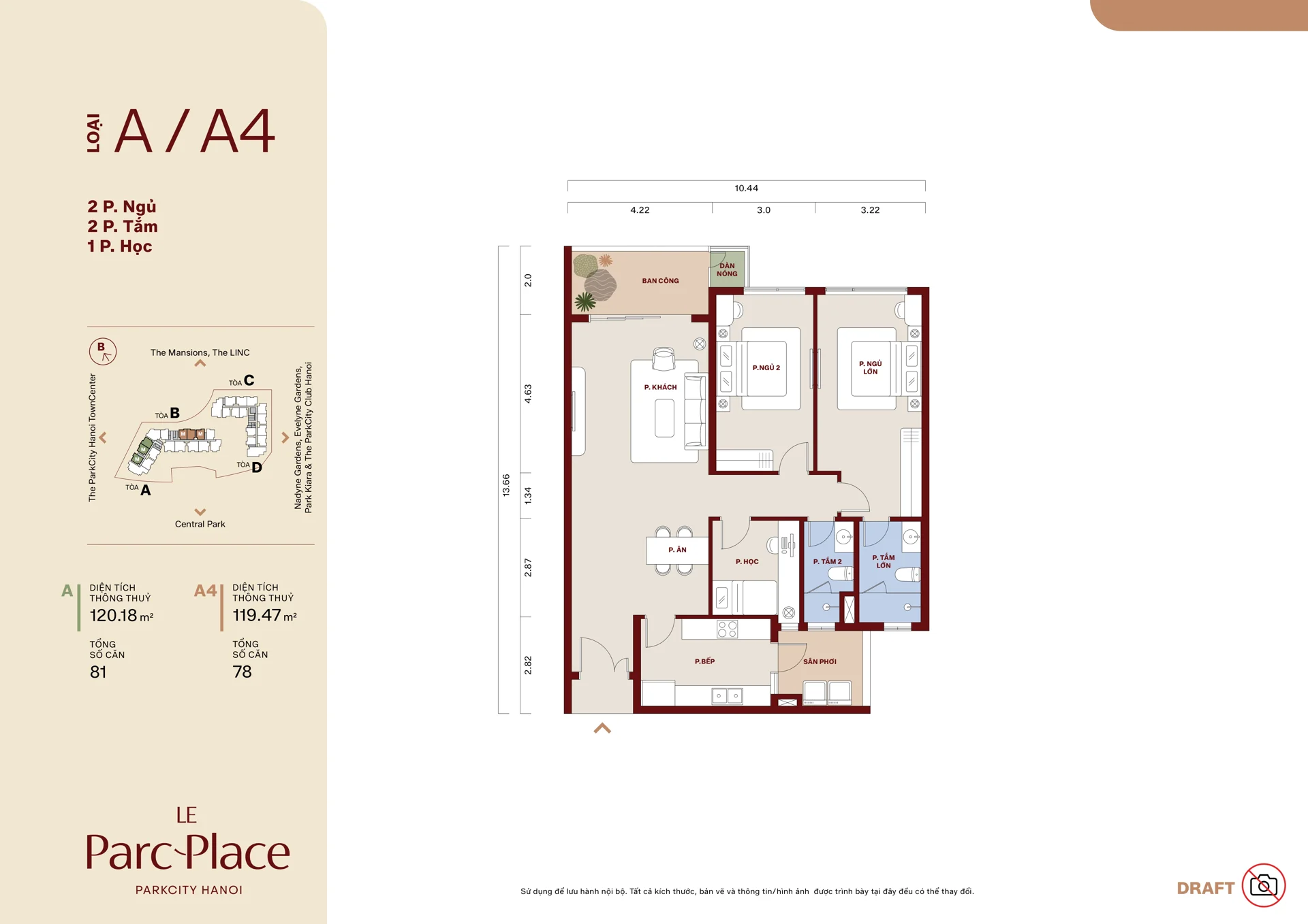 Mặt bằng tham khảo căn hộ 2PN+ A/A4 Le Parc Place