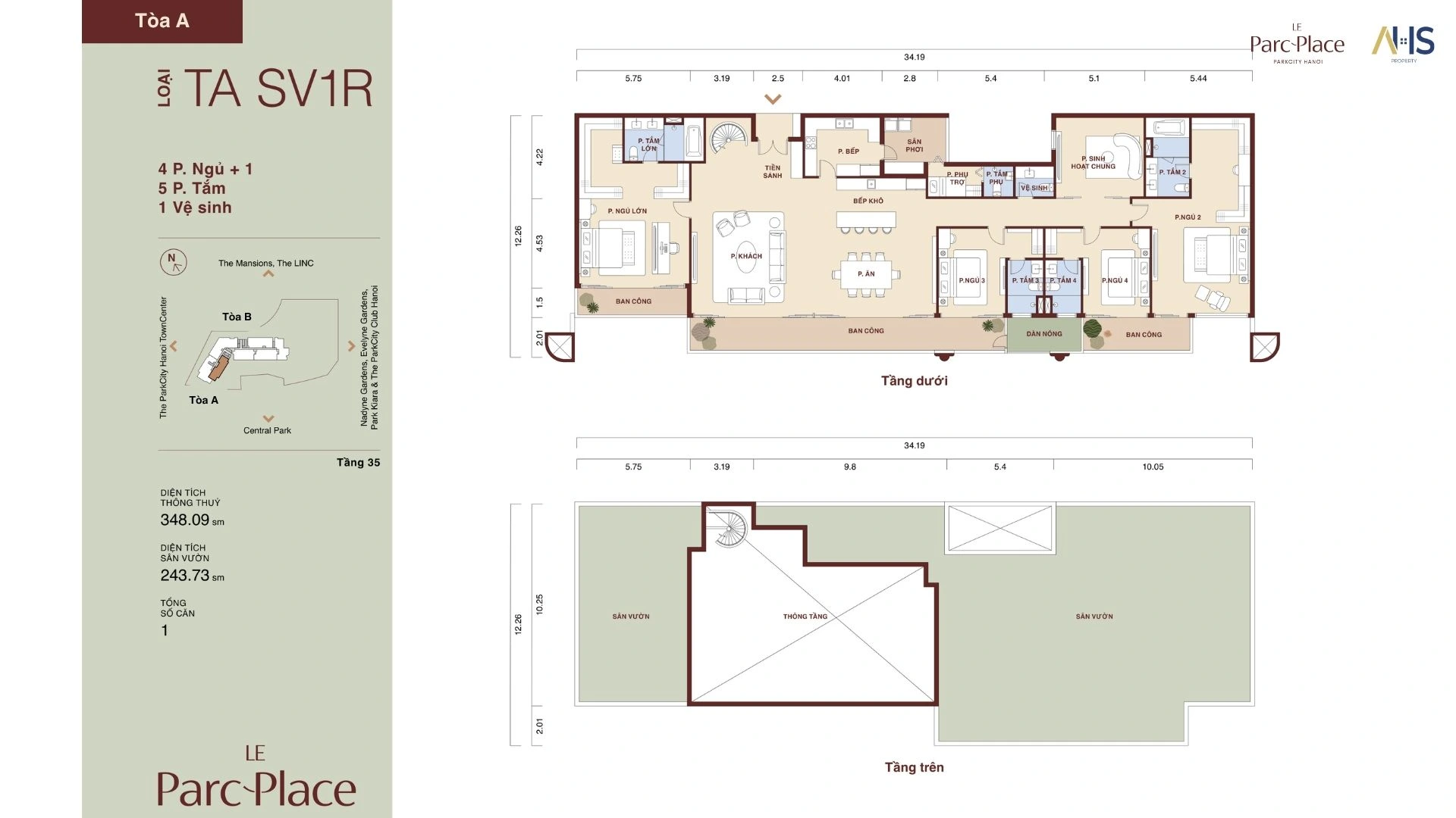 Mặt bằng tầng dưới Sky Villas TA SV1R